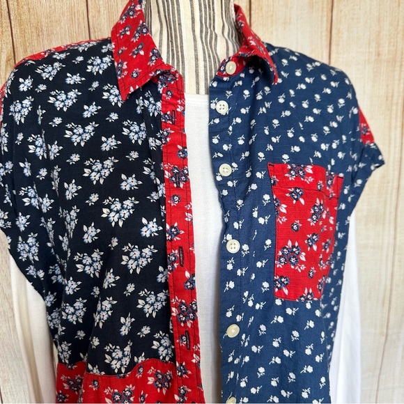 Style & Co 1X Floral Patchwork Red White Blue Button Up - Picture 7 of 7